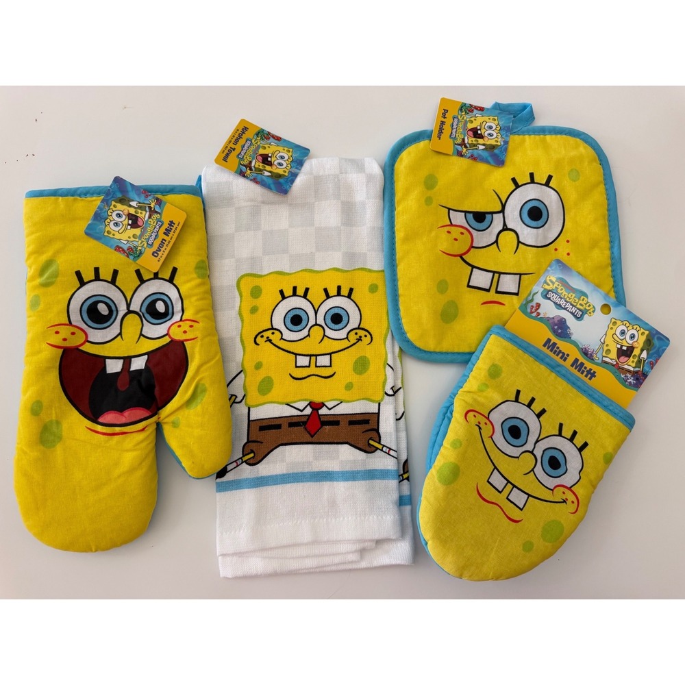 SpongeBob SquarePants 4pc Kitchen Set Oven Mitt Mini Mitt Pot Holder Towel NWT